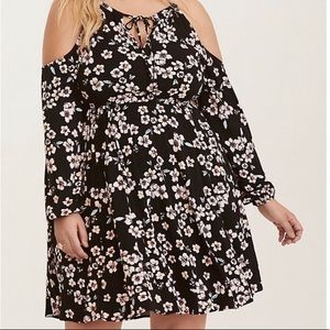 FLORAL PRINT COLD SHOULDER TIE NECK SKATER DRESS